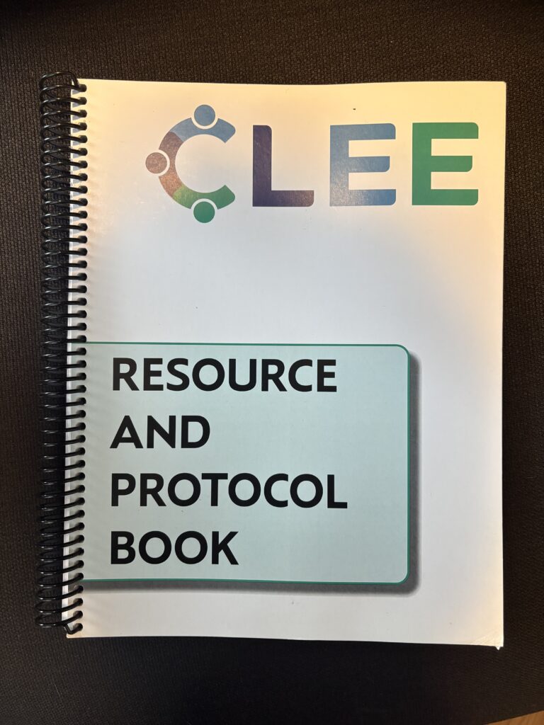 Spiral-bound book titled "Resource and Protocol Book" with the CLEE logo on the cover.