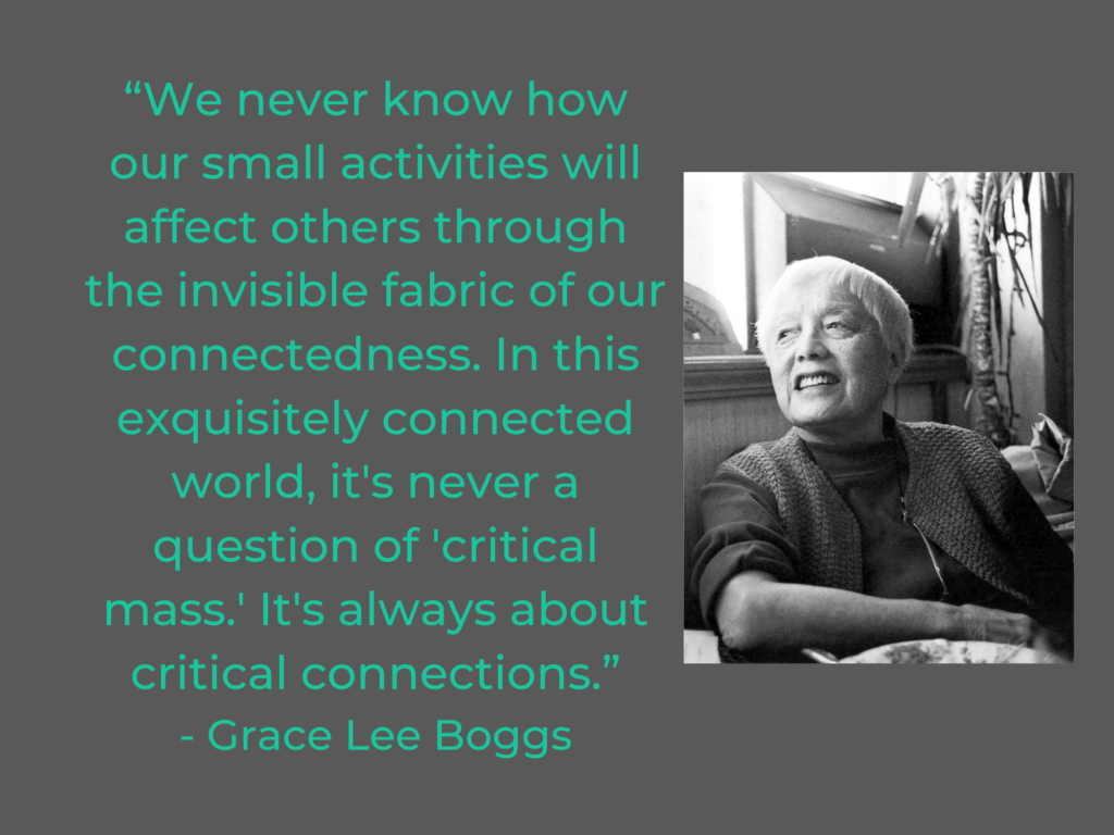 We never know how our small activities will affect others through the invisible fabric of our connectedness. In this exquisitely connected world, it's never a question of 'critical mass.' It's always about critical connections.
-Grace Lee Boggs
